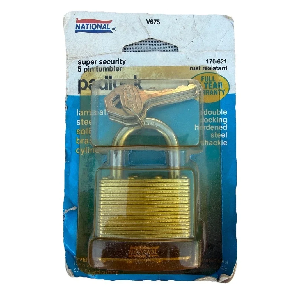 National padlock NIP unused V675 5 Pin Tumbler Vintage Laminated Steel